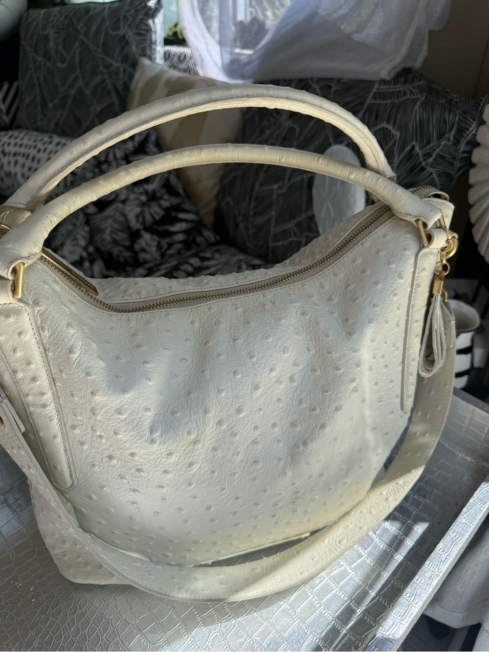 Brahmin Ivory Ostrich-Texture Hobo Shoulder Bag - Picture 4 of 9